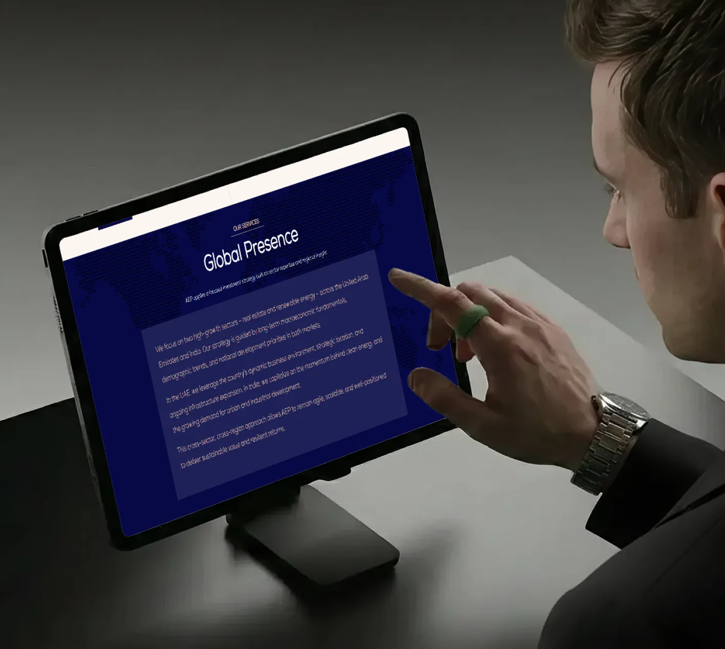 Abia Equity Partners — tablet interaction mockup