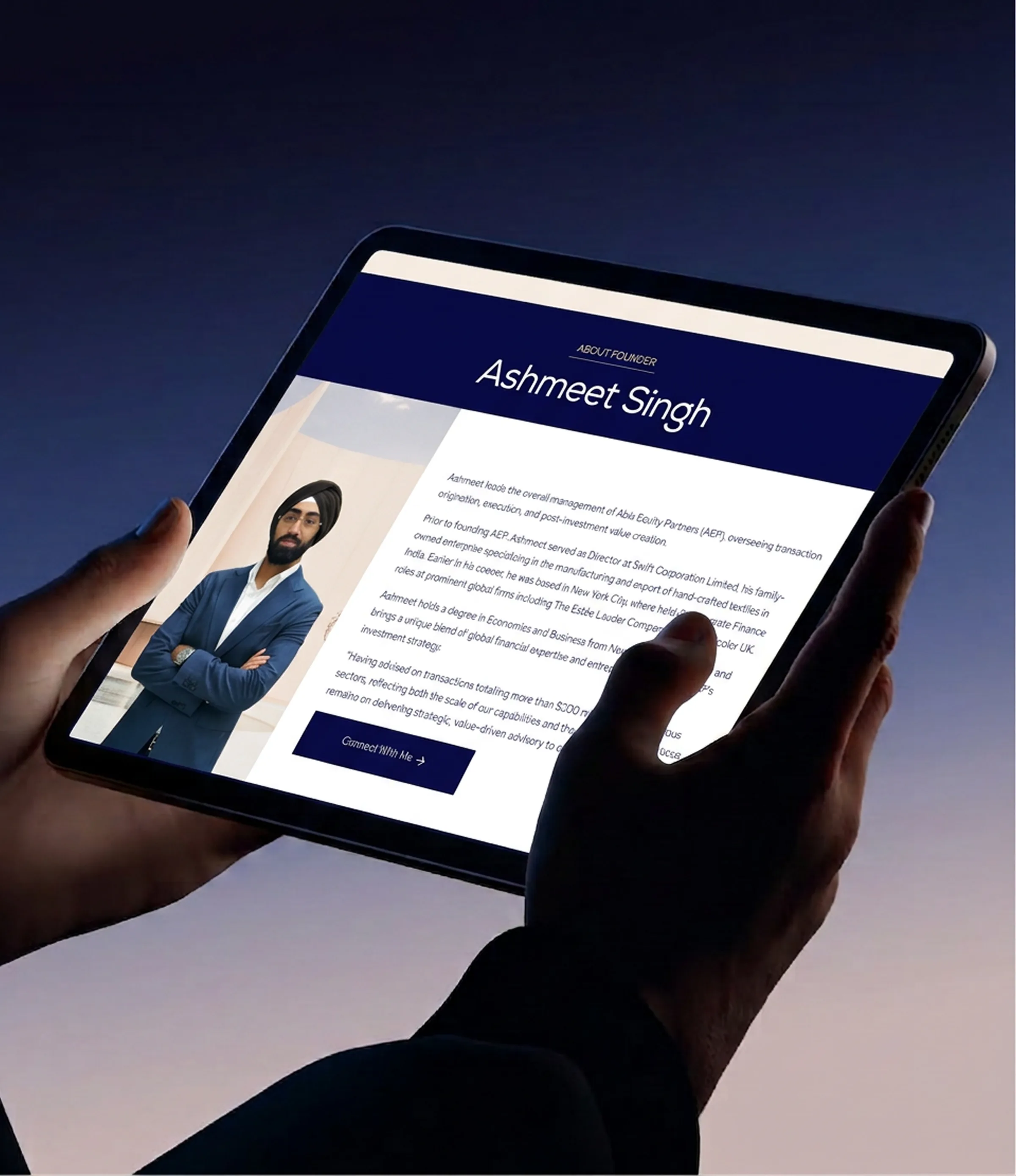 Abia Equity Partners — tablet team profile screen