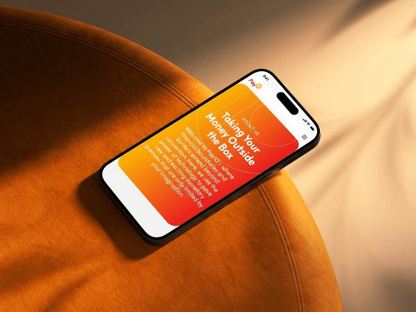 Pay10 mobile UI on an orange surface