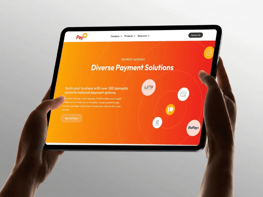 Pay10 diverse payment solutions on a tablet held in hands